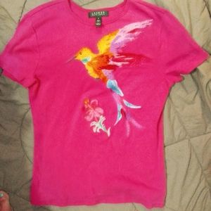 Women's ralph lauren small hot pink shirt with a gorgeous colorful bird